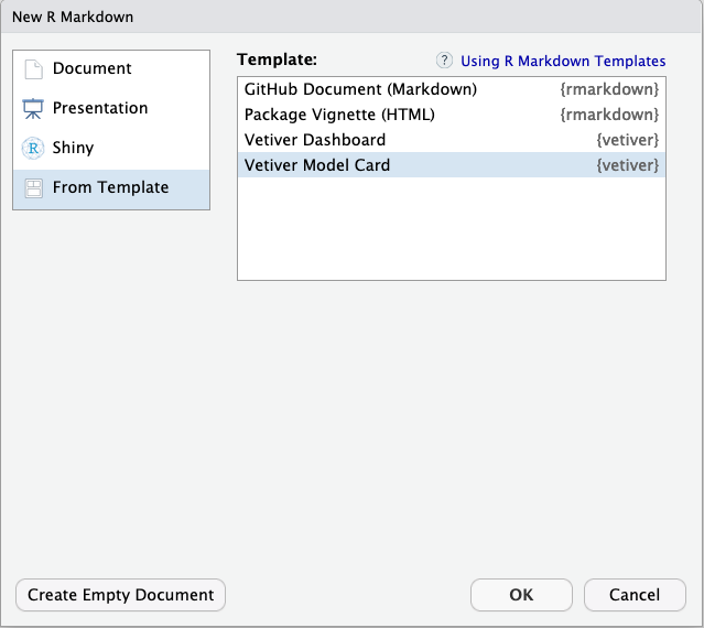Screenshot of RStudio IDE New R Markdown dialog box, showing the vetiver Model Card R Markdown template option.